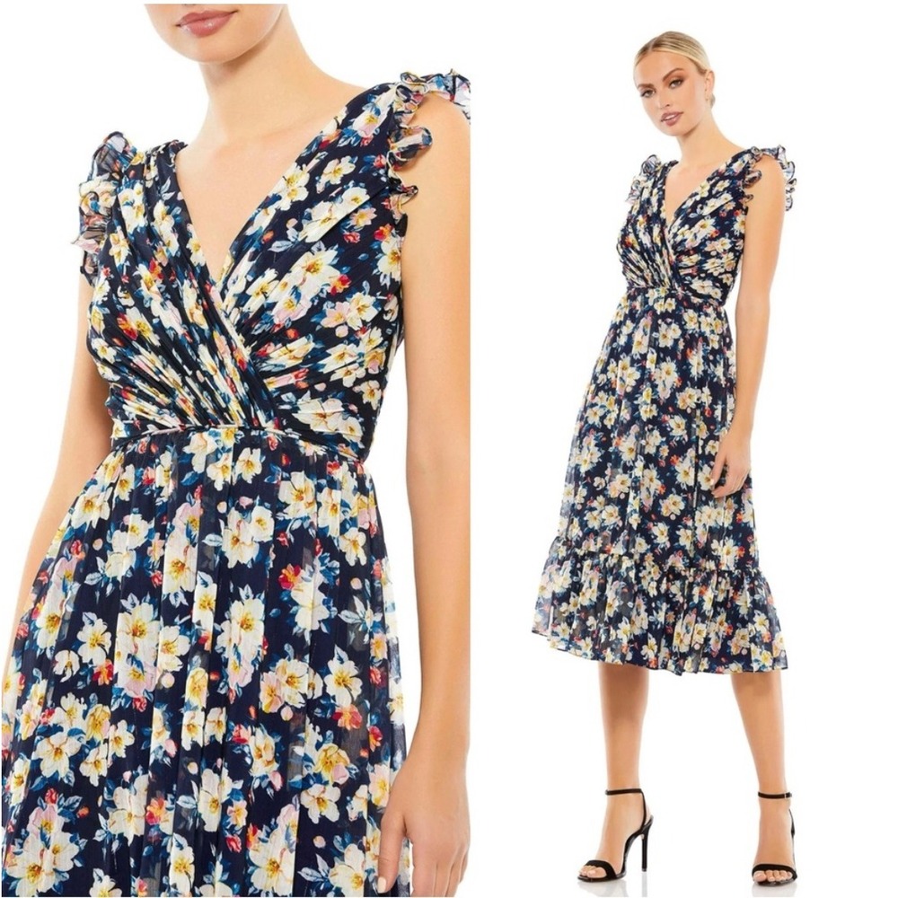 NEW IEENA Mac Duggal Sz 16  Floral Print Navy Blue V Neck Semi Formal Midi Dress